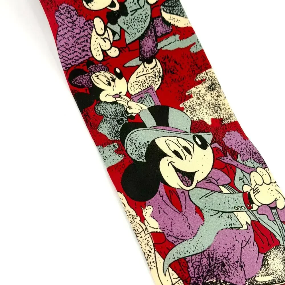 Vintage 90s Disney Red 100% Silk Mickey Minnie Mouse Necktie